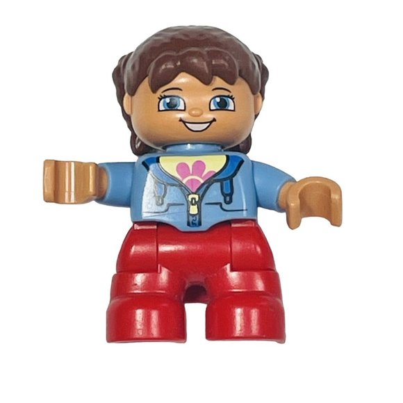 Lego Duplo Minifigure Girl Child Flower Shirt Red Pants Brown Hair 2 Inch Toy - Picture 1 of 4